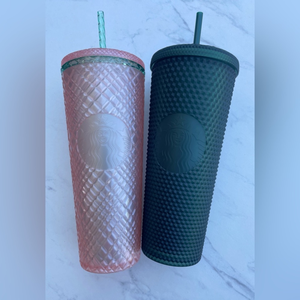2 Starbucks venti tumbler cups pink green 24 oz